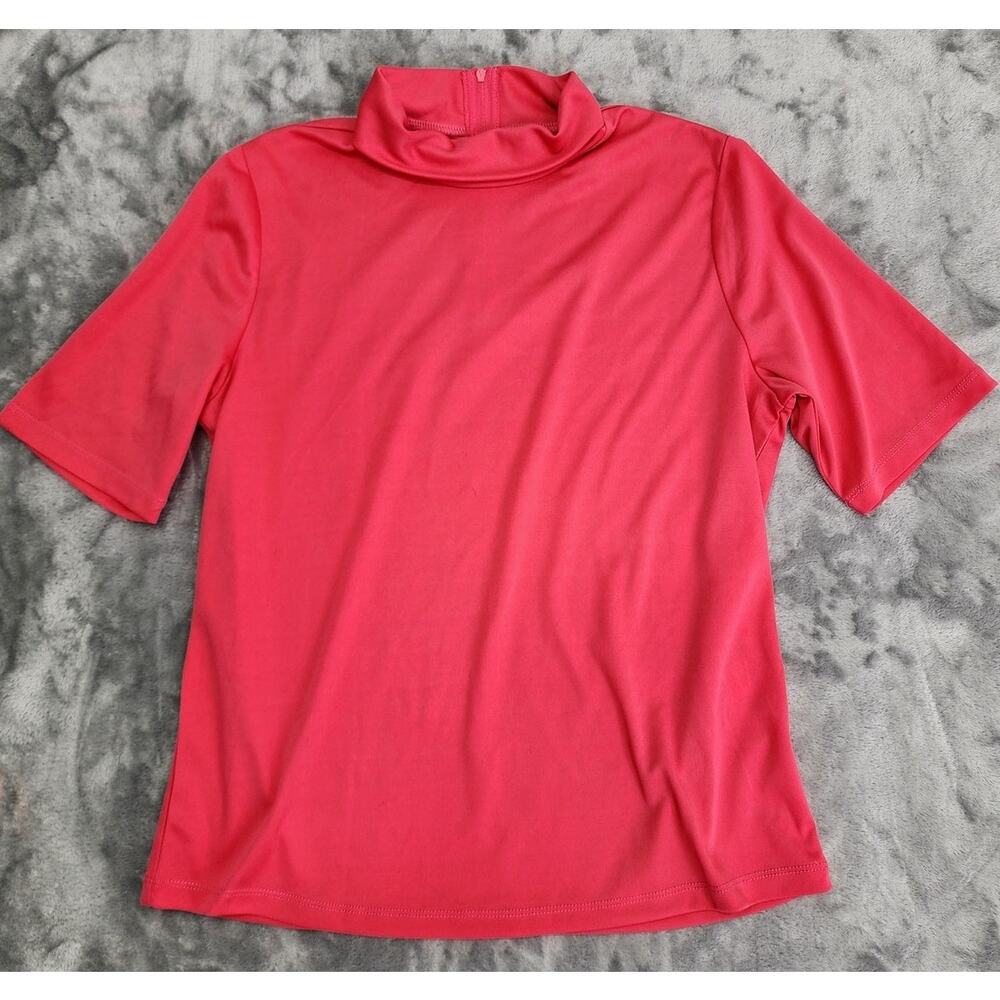 Vintage Vicki Wayne Top Womens M Pink Turtleneck Short‎ Sleeve Stretch Back Zip